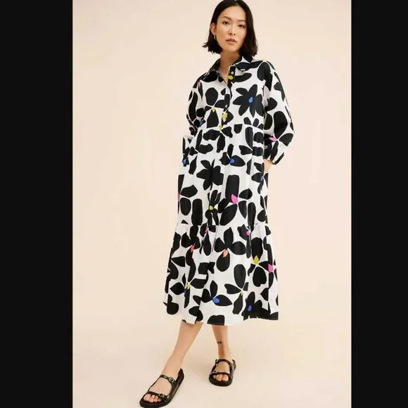 Plus 3X Maeve Anthropologie The Bettina tiered shirt dress Black White floral 2 - Picture 2 of 11